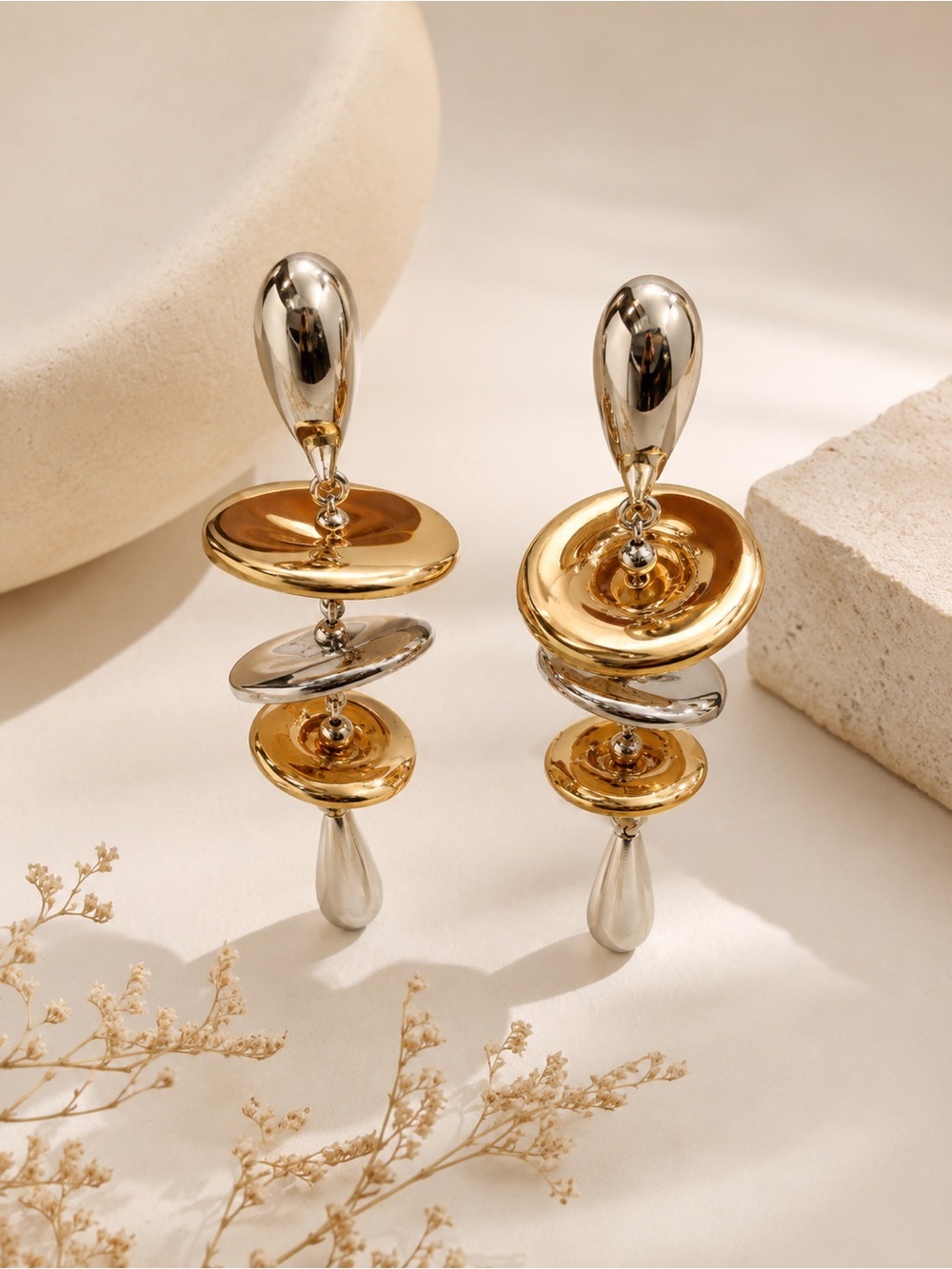 Mixed Metal Sculptural Statement Drop Earrings | Gold & Silver Modern Dangle Ear - Picture 4 of 5